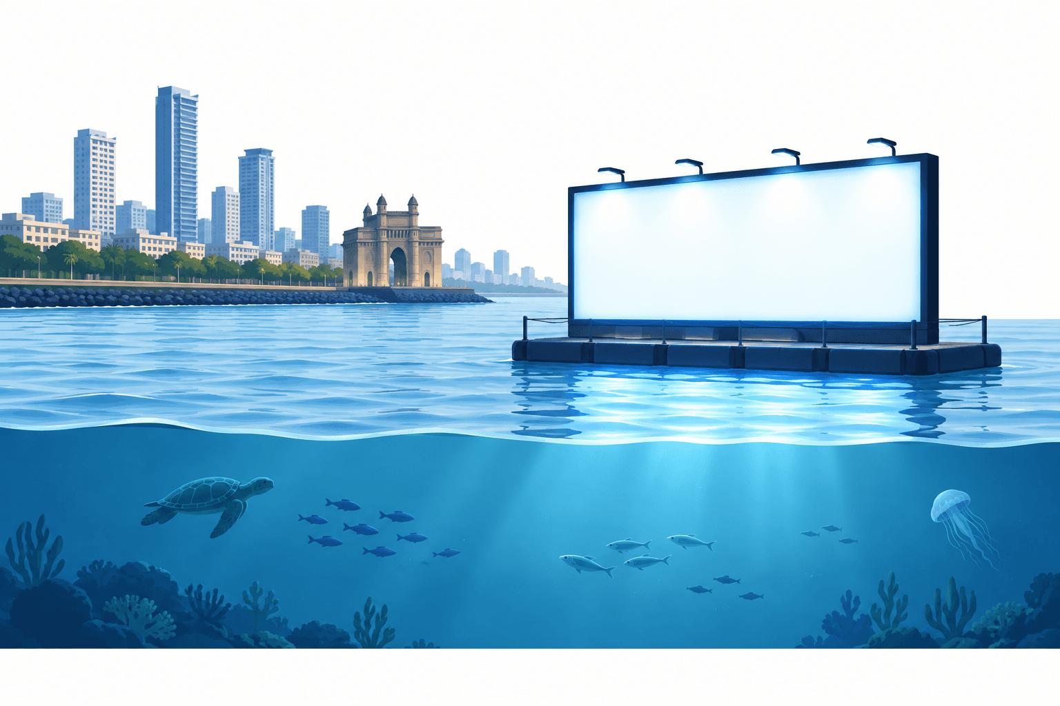 Concept illustration of Mumbai floating billboards near marine life along a coastline