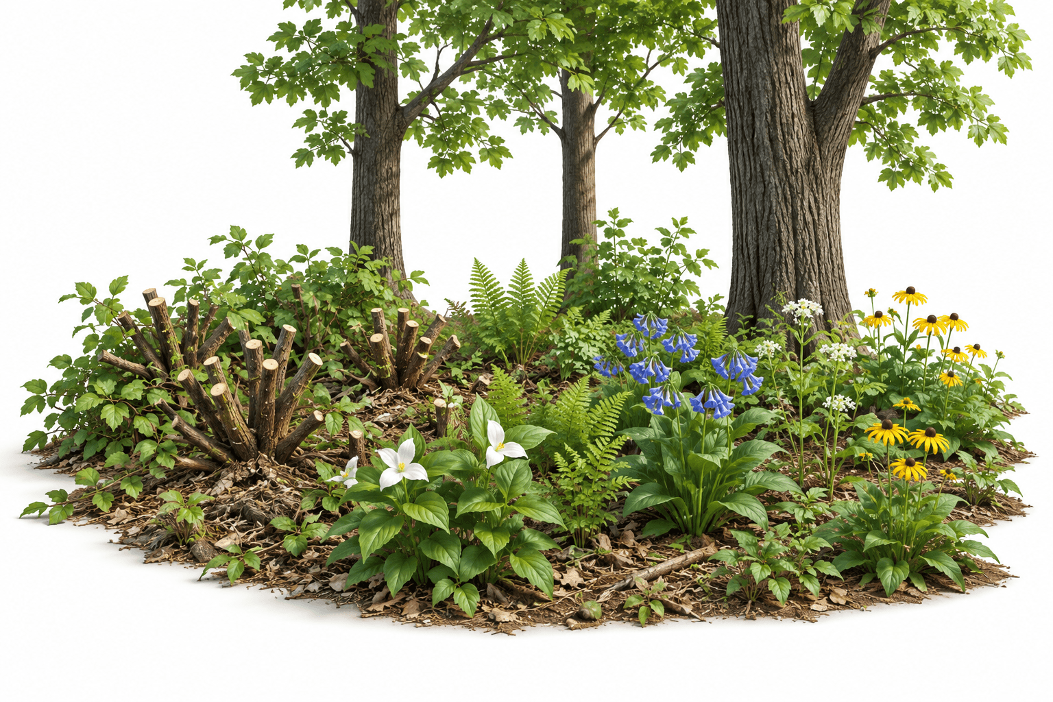 Illustration of native woodland plants emerging after invasive shrub removal