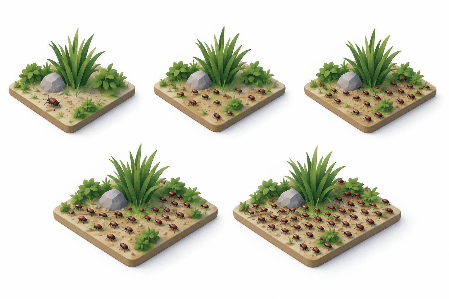 Illustration of a Beetle spread experiment with beetles crossing habitat patches at different rates