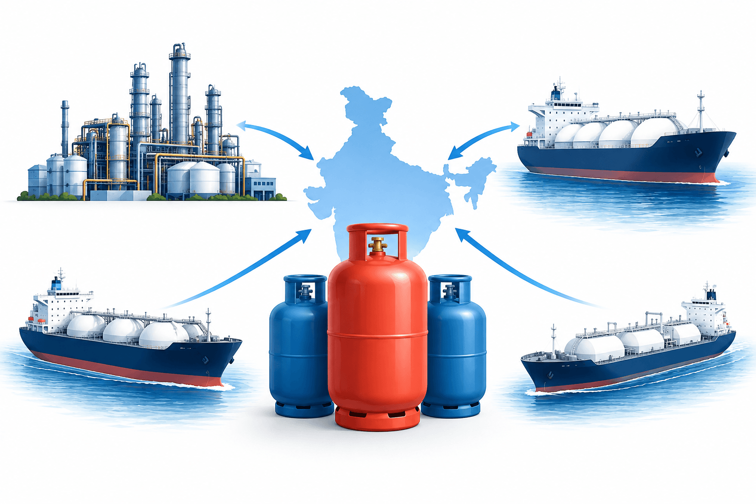Concept illustration of India LPG supply with gas cylinders, a refinery and cargo ships