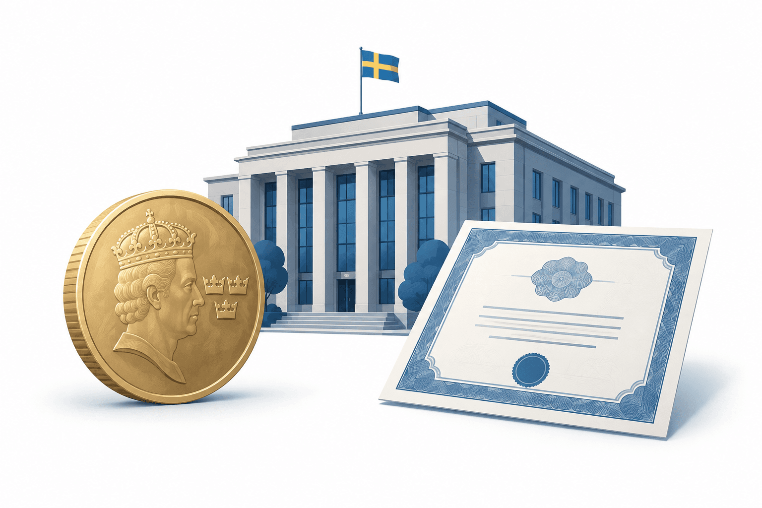 Illustration of Riksbank certificates with a Swedish kronor coin and a central bank building