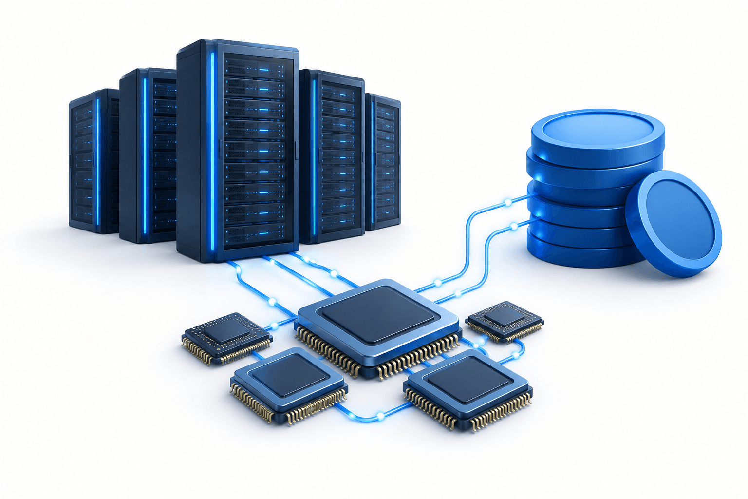 Concept illustration of computing racks, chips and funding tokens representing Meta AI funding