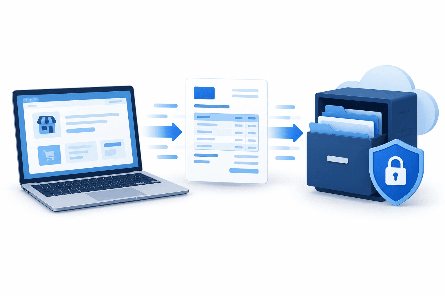 Concept illustration of Philippine e-invoicing data moving from a business computer to a secure filing system