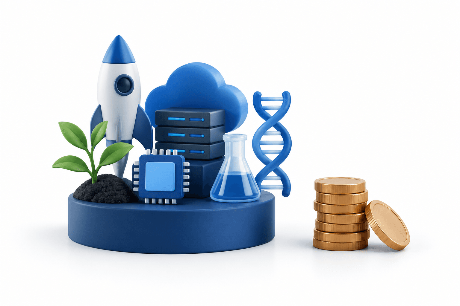 Concept illustration of ThreeD Capital investment holdings and a reduced stack of coins