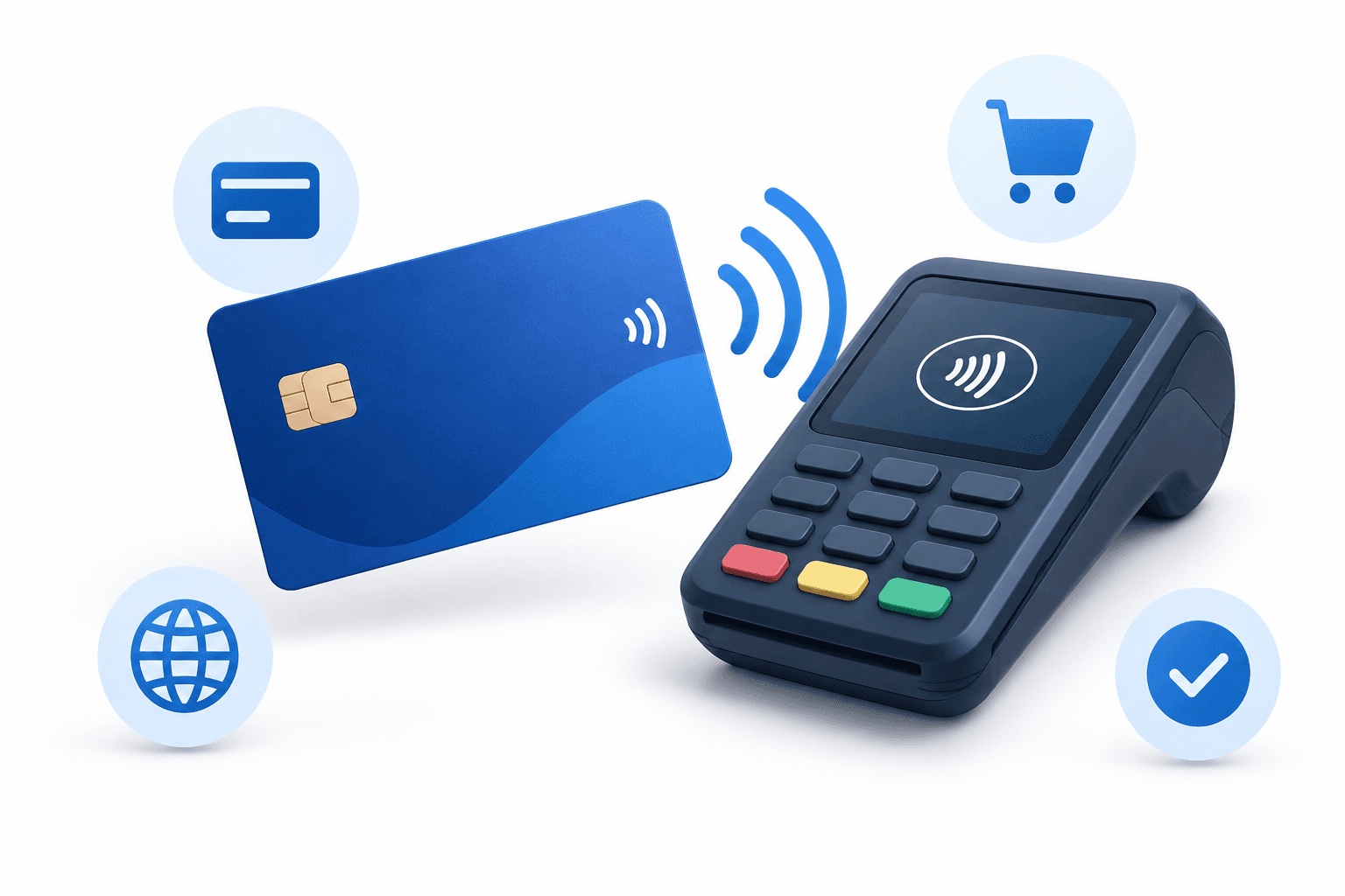Illustration of a payment card and terminal representing Visa earnings and transaction activity