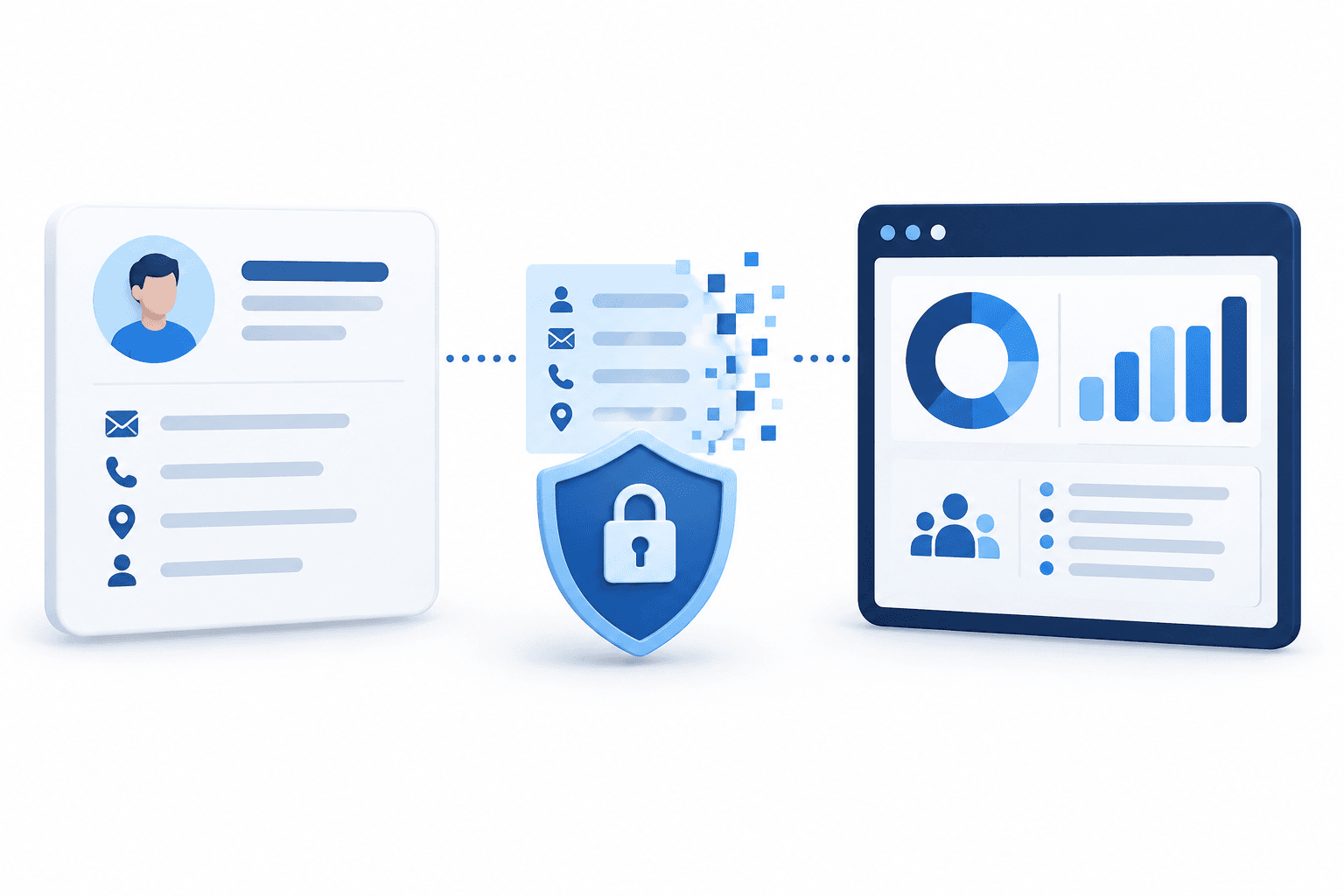 Illustration of Coinbase customer data as a contact card beside a security shield and analytics dashboard