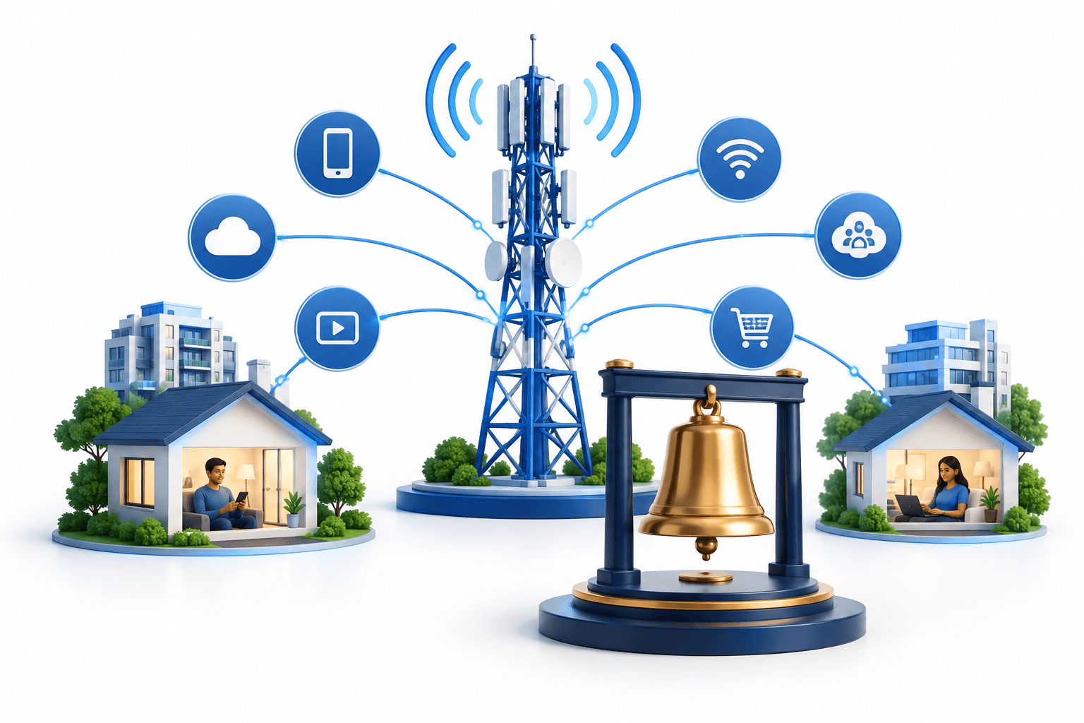 Jio Platforms listing concept showing a network tower, connected homes and an exchange bell