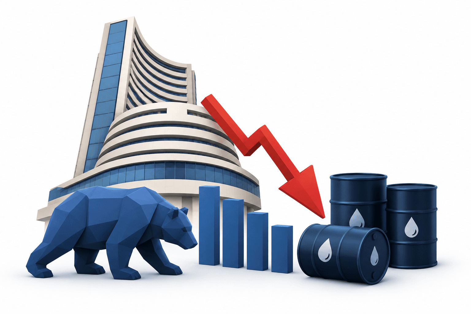 Illustration of Indian stock markets falling alongside oil barrels