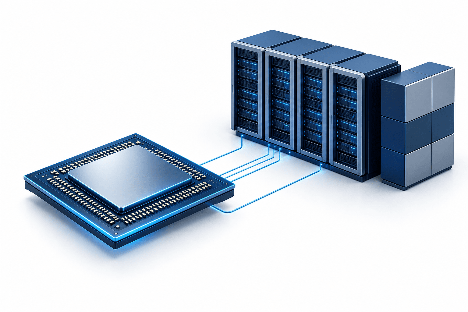 Illustration of a semiconductor and computing racks representing AMD stock and its infrastructure partnership