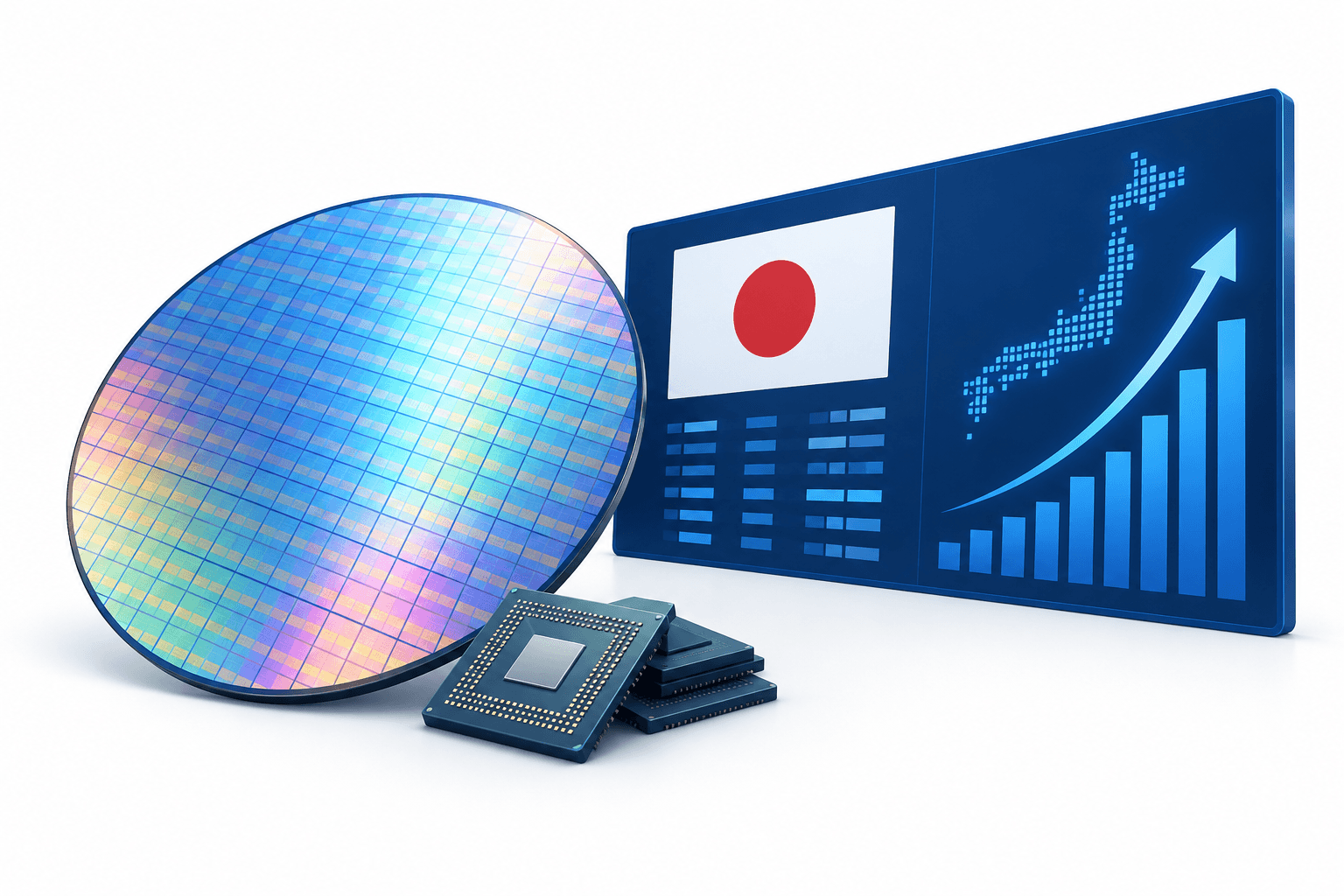 Illustration of a semiconductor wafer and abstract market display representing the Nikkei 225