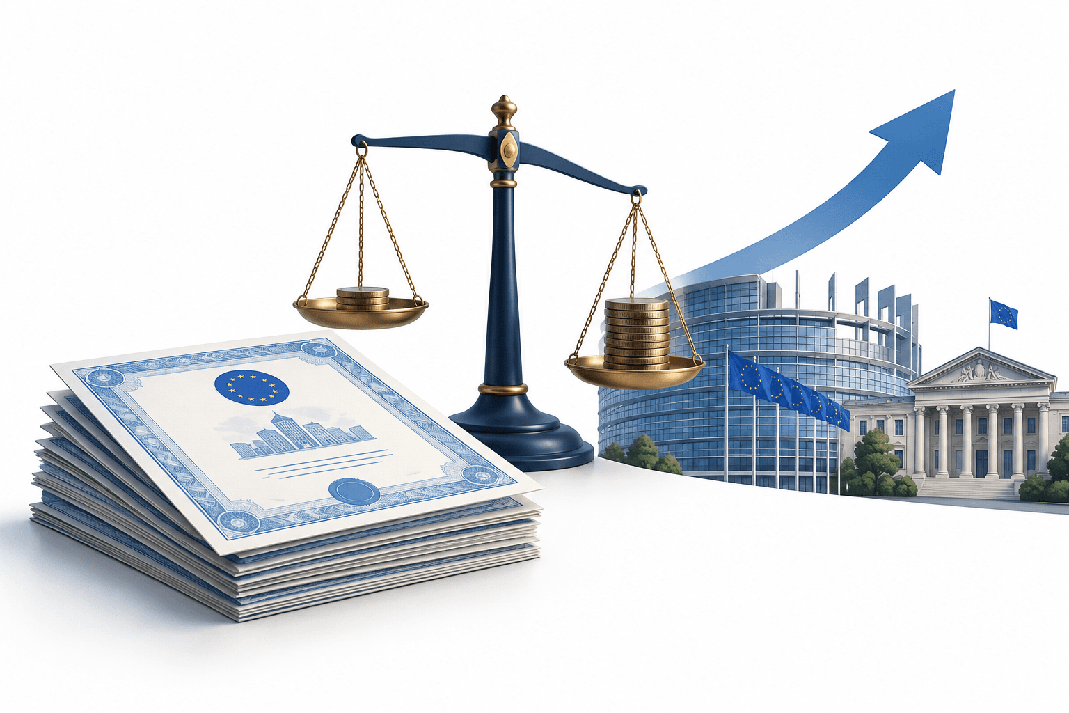 Illustration of European corporate bonds, government buildings and rising borrowing costs