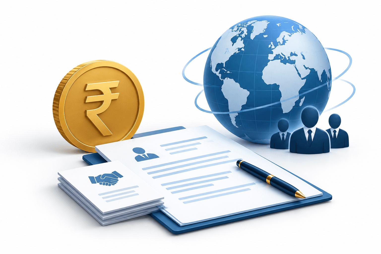 India GST clarification illustrated with a rupee coin, brokerage documents and a globe