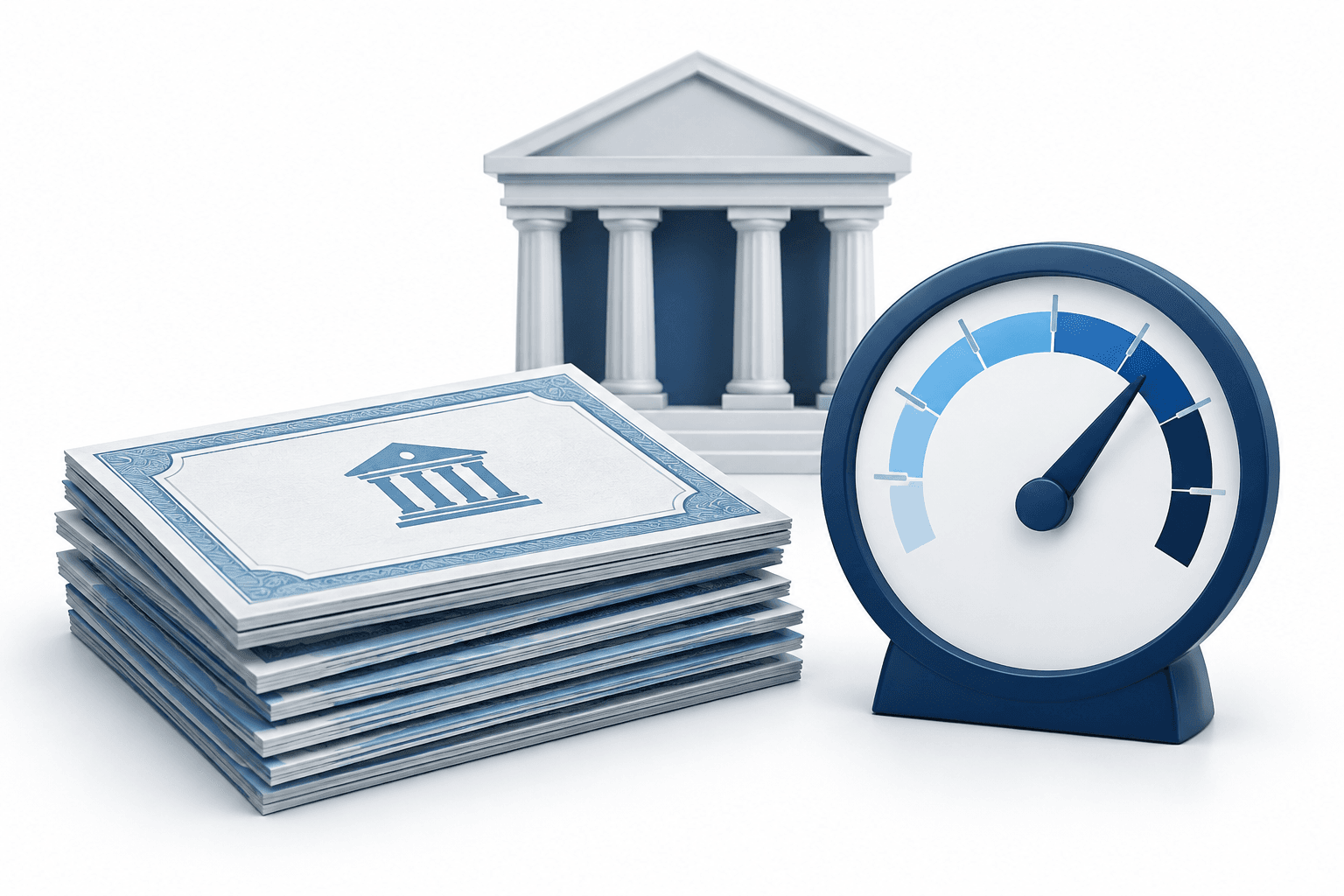 Illustration of bank bond losses with securities, a rate gauge and a bank building