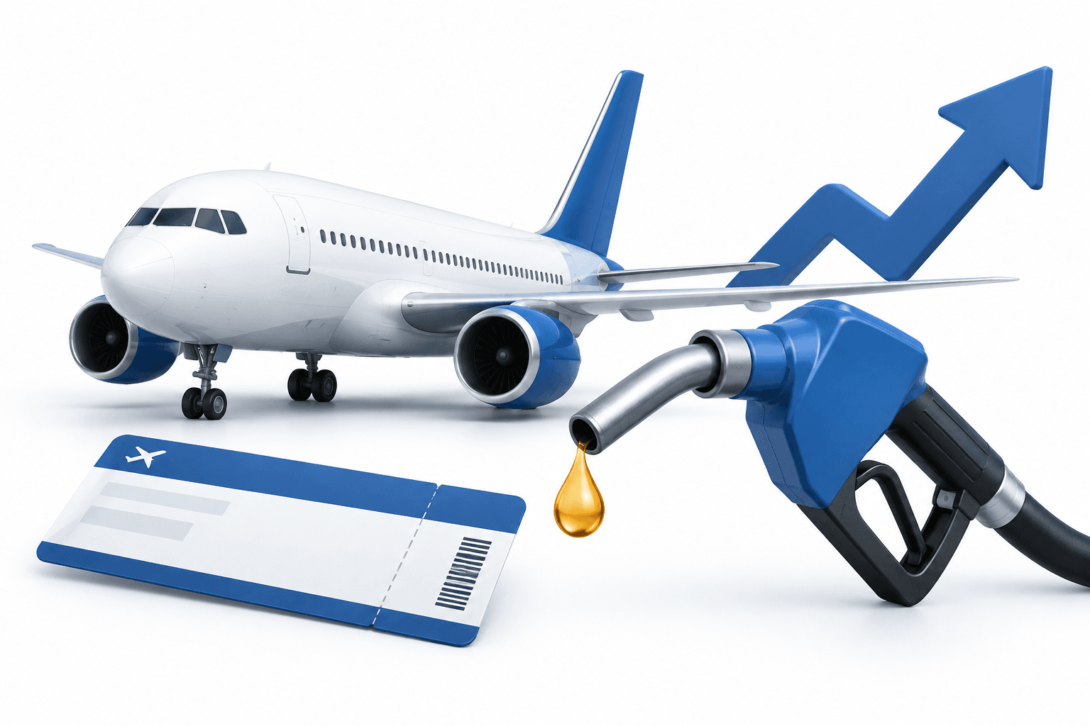 Illustration of an airplane, fuel nozzle and ticket representing airline fuel hedging and travel costs