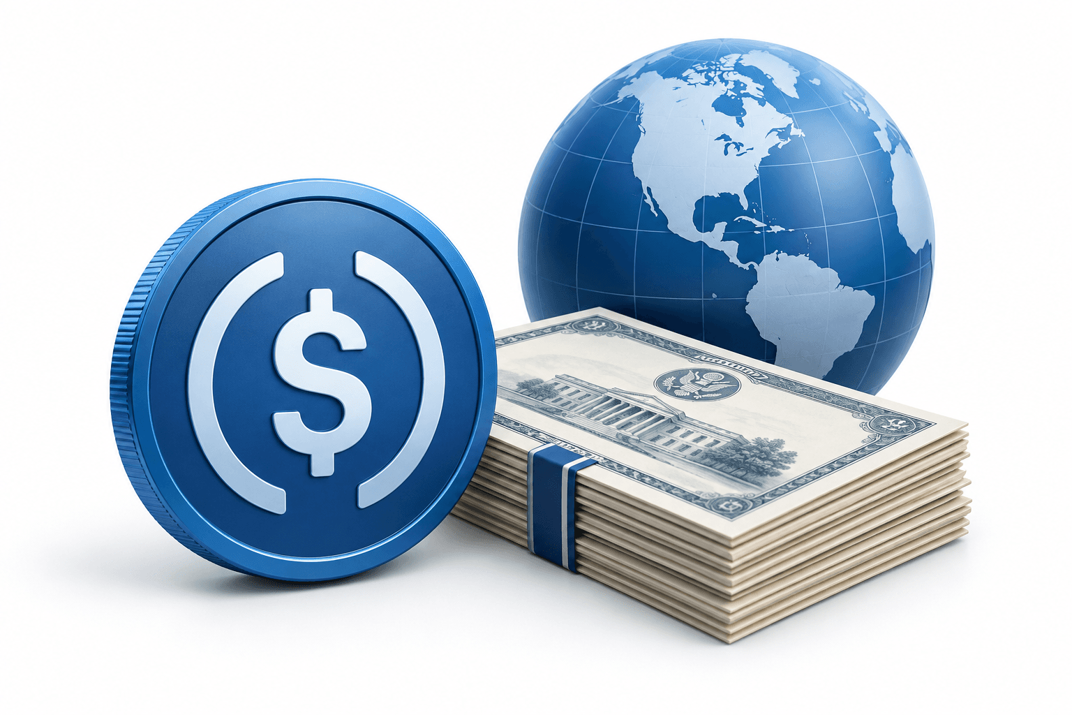 Illustration of dollar stablecoins, Treasury securities and a globe