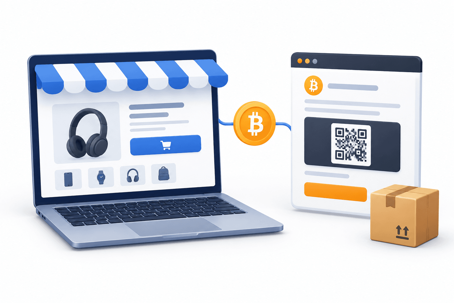 Concept illustration of GoBTC Pay connecting an online storefront to Bitcoin checkout.