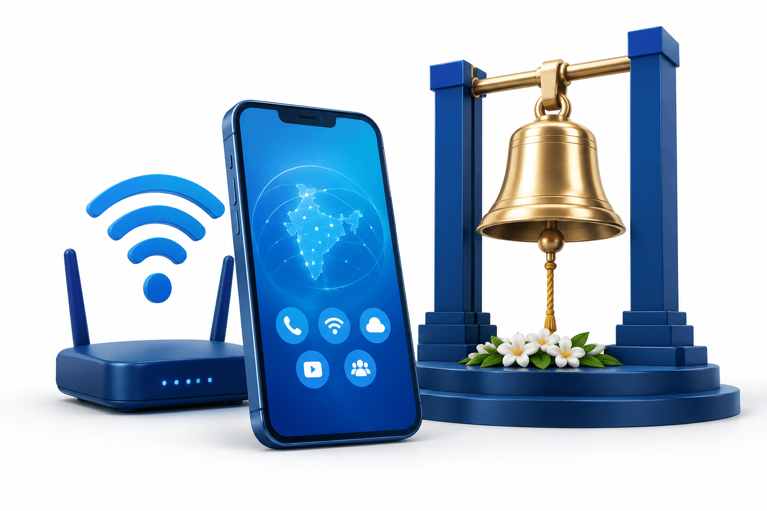 Illustration of a digital connection and bell representing the Jio Platforms listing