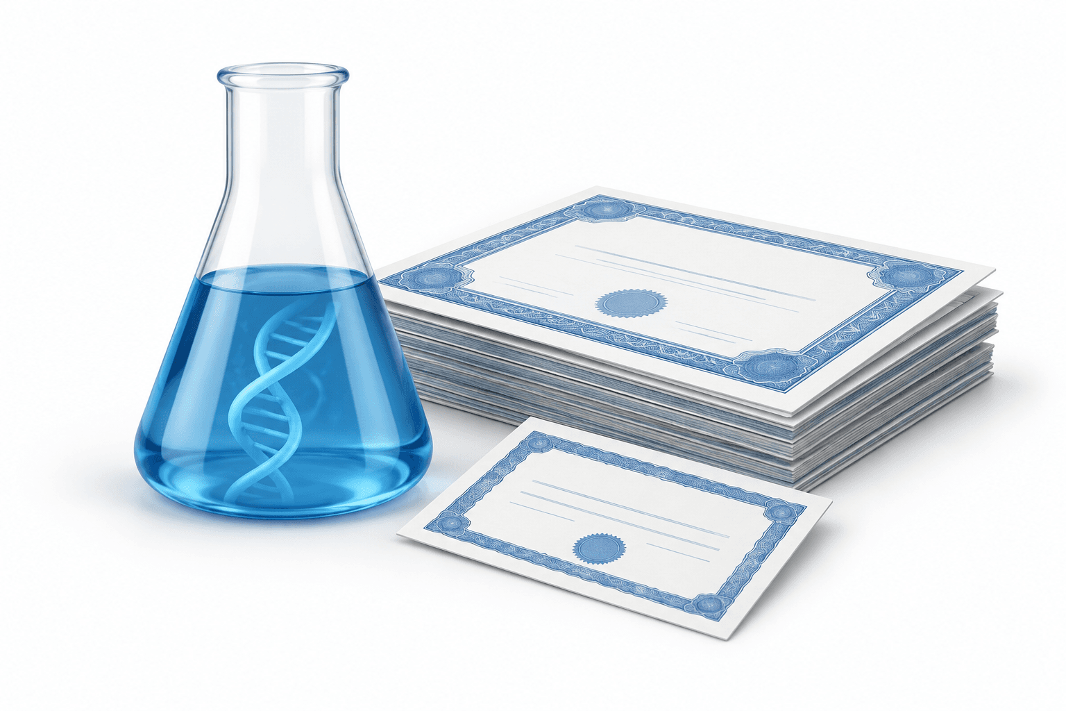 Concept illustration of a laboratory flask and securities documents representing the INmune Bio offering