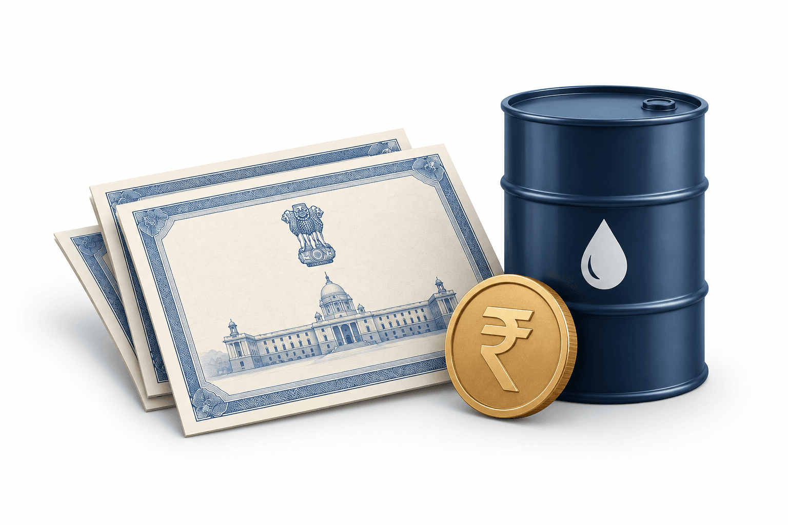 Illustration of India bond yields using bond certificates, an oil barrel and a rupee coin