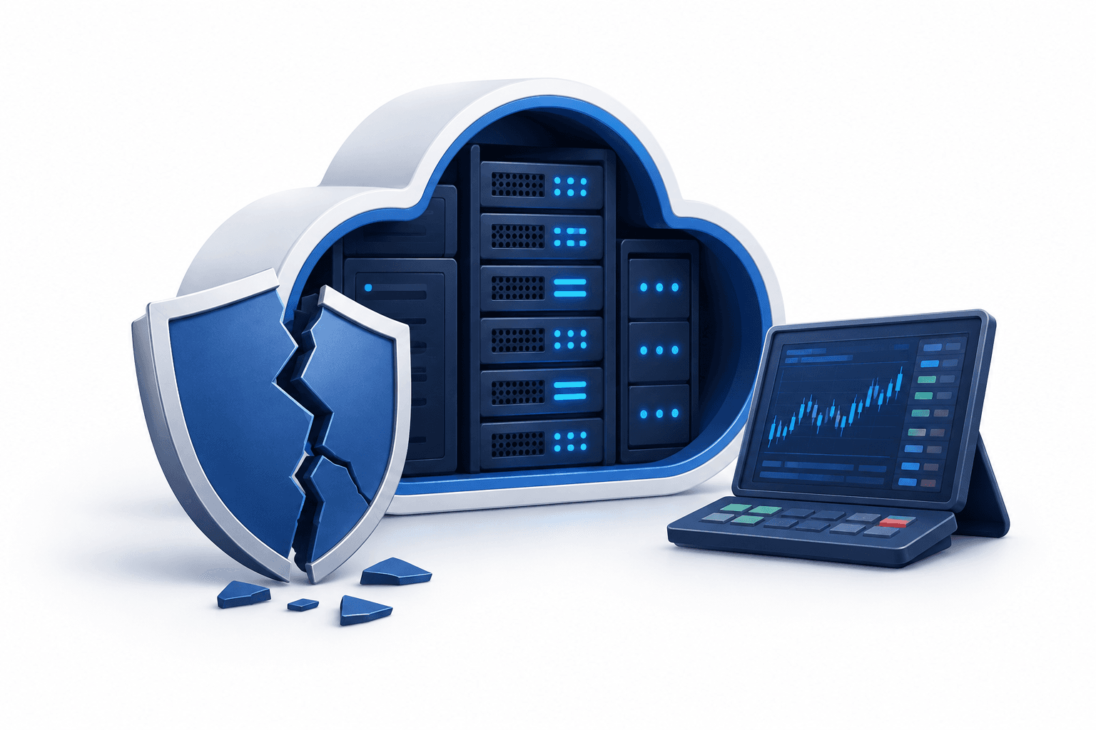 Illustration of a cloud server and broken security shield representing the GMO cloud attack