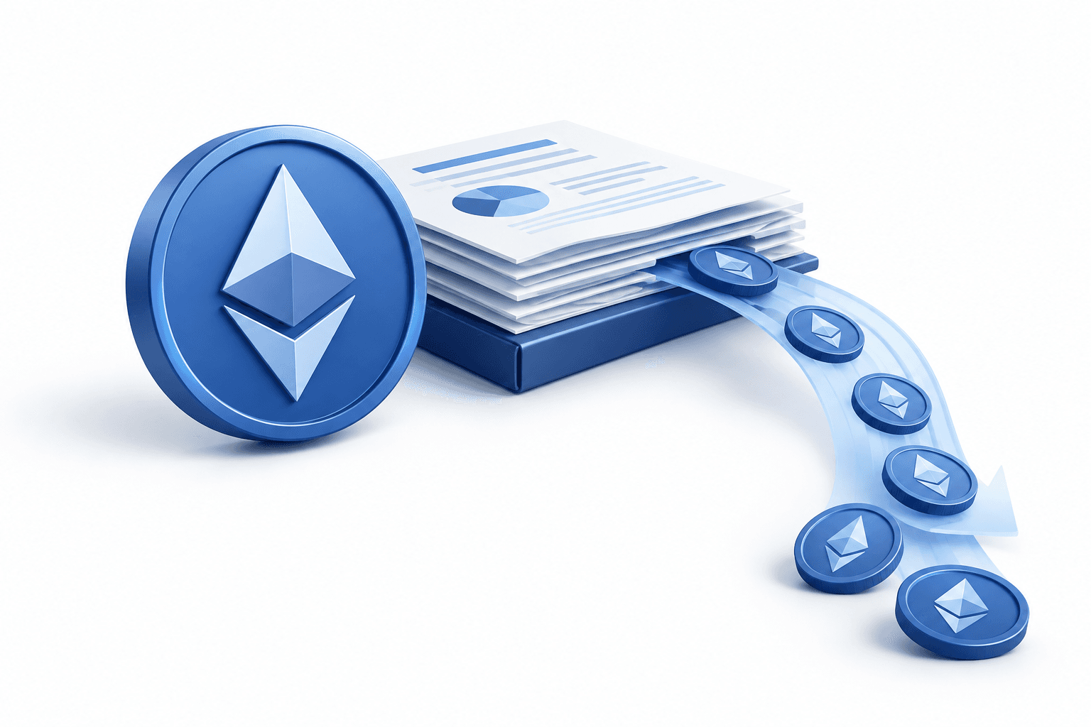 Illustration of Ether ETF outflows with a stylized token and coins