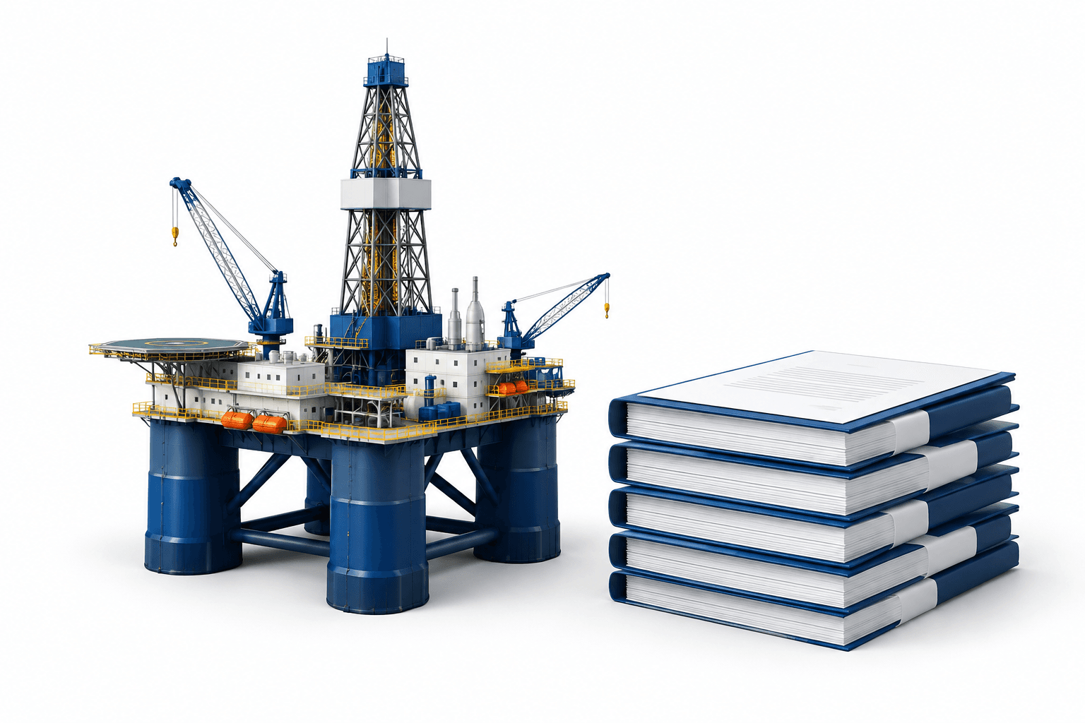 Noble earnings illustration showing an offshore drilling rig and contract documents