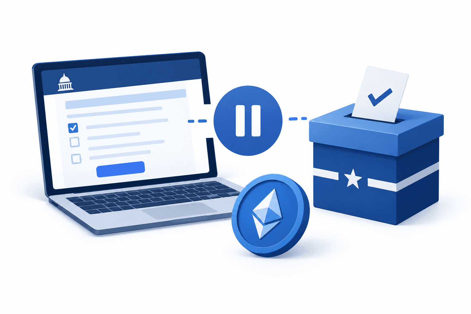 Illustration of a paused filing interface and ballot box representing crypto PAC spending disclosures