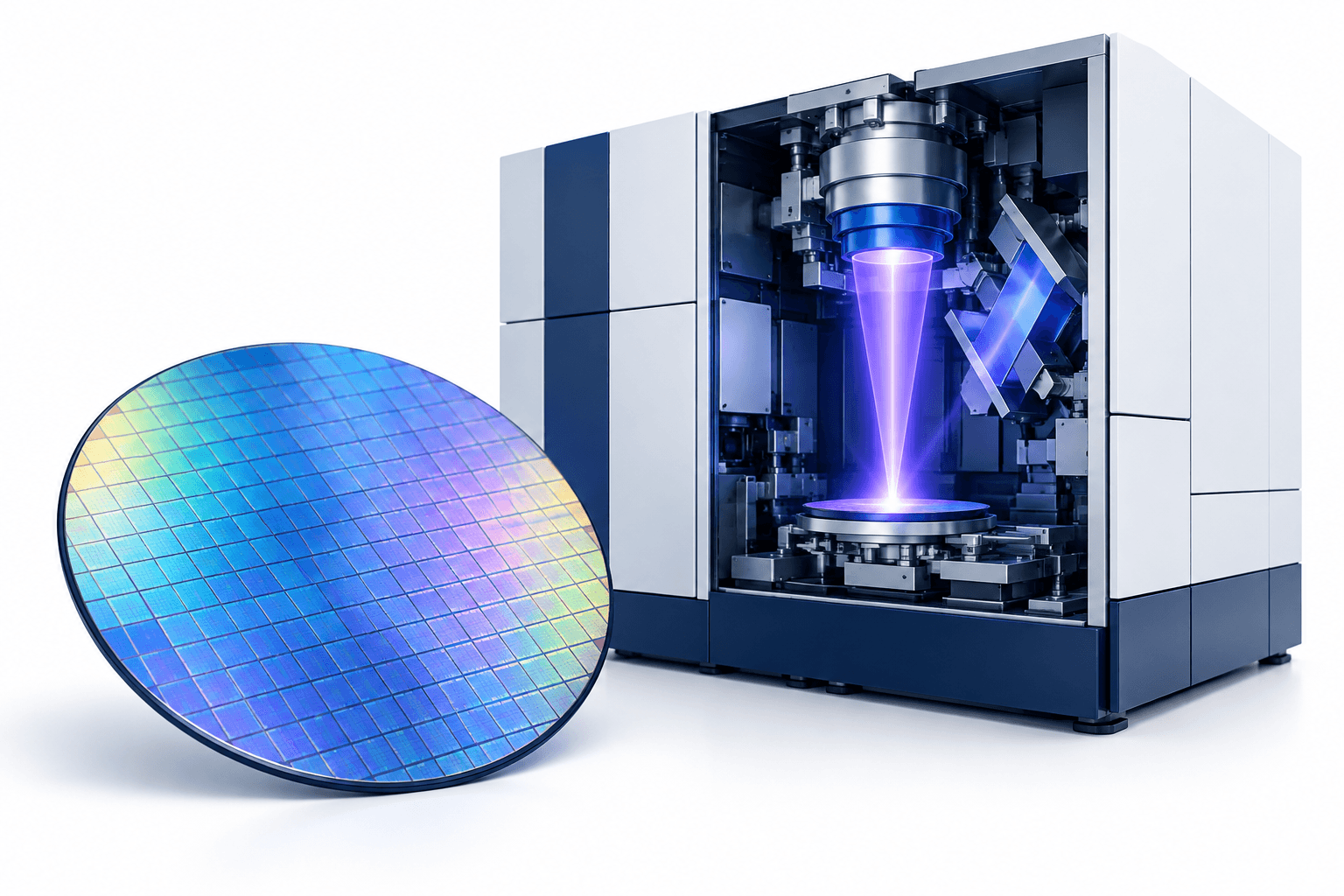 Illustration of a chip wafer and lithography machine representing the ASML EUV outlook