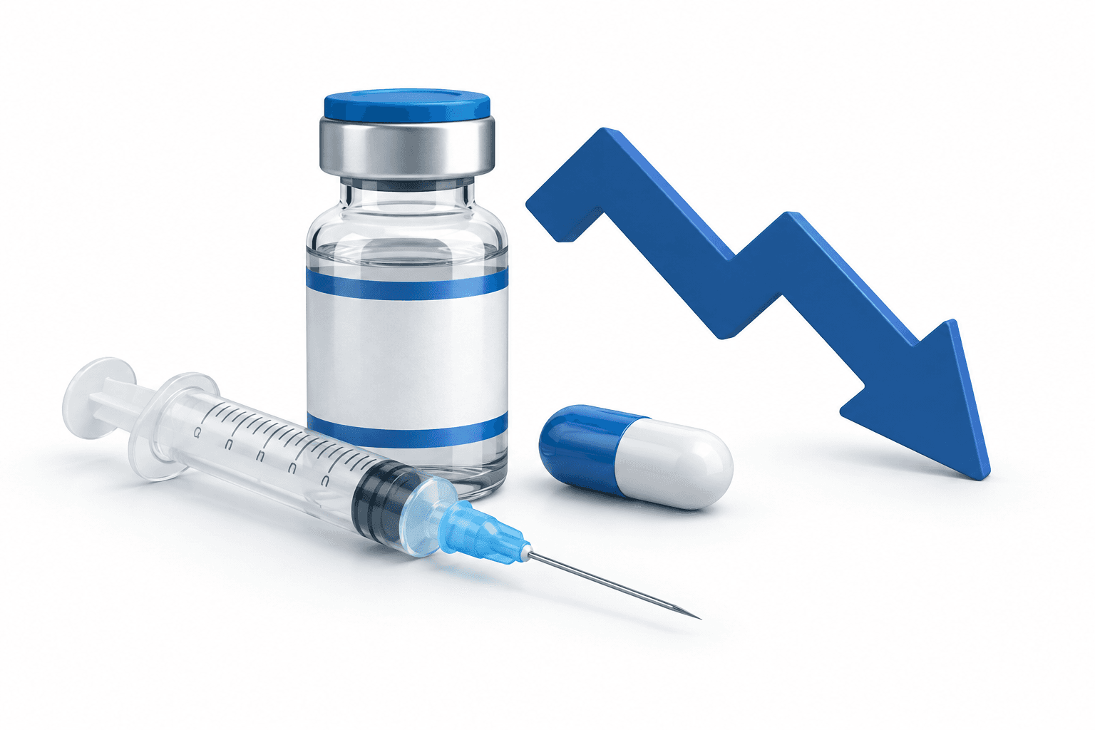 Illustration of a vaccine vial and downward arrow representing GSK shares and Shingrix sales