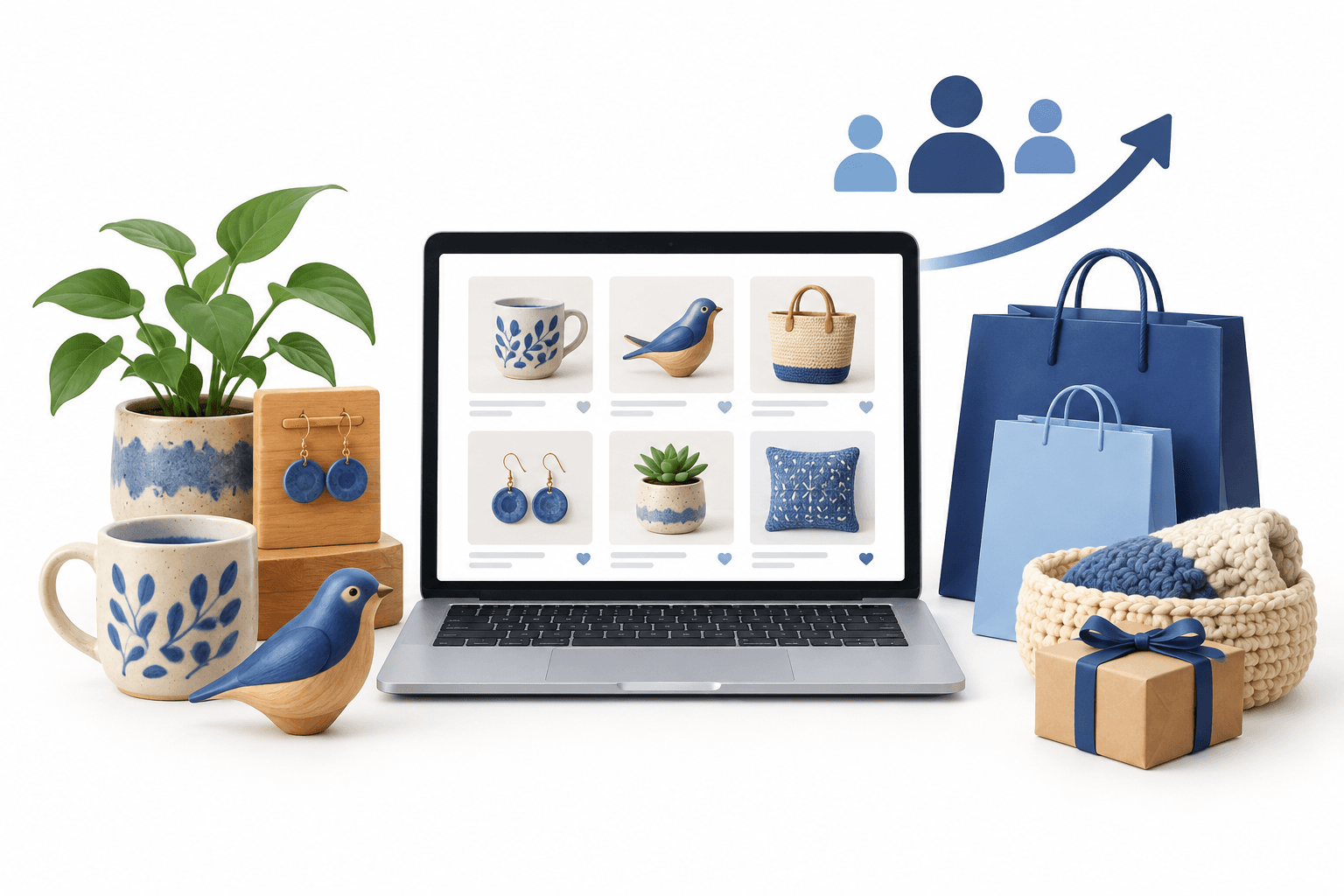 Illustration of handmade goods and shopping bags representing Etsy revenue