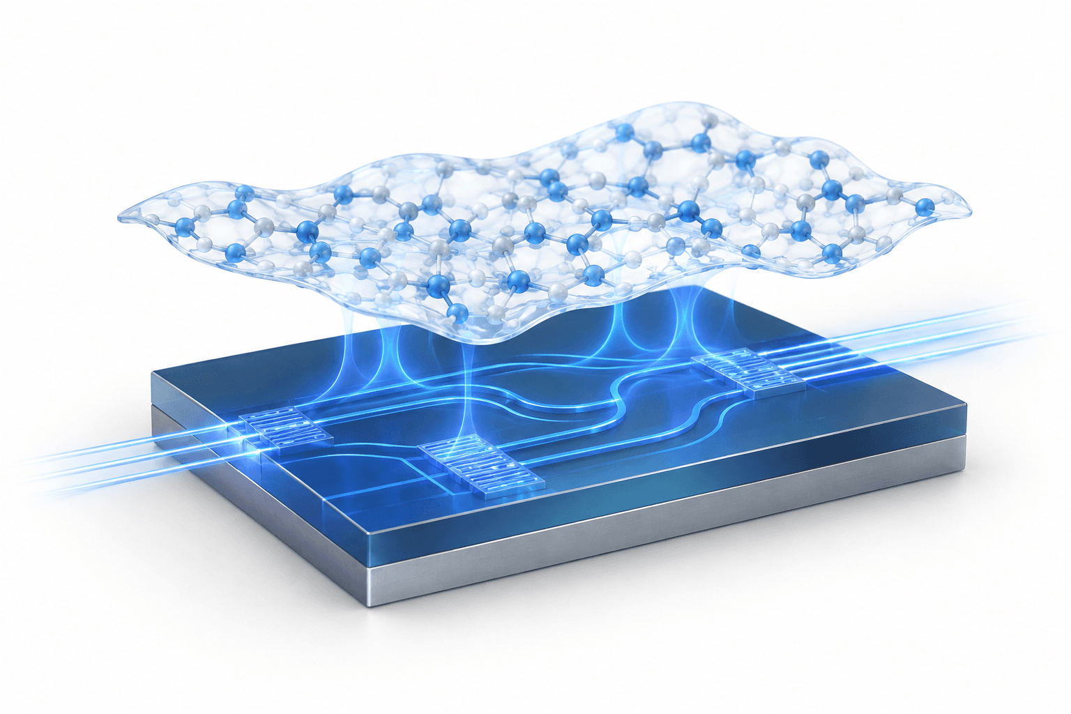 Concept illustration of NVision quantum chips with a thin molecular layer above a photonic chip