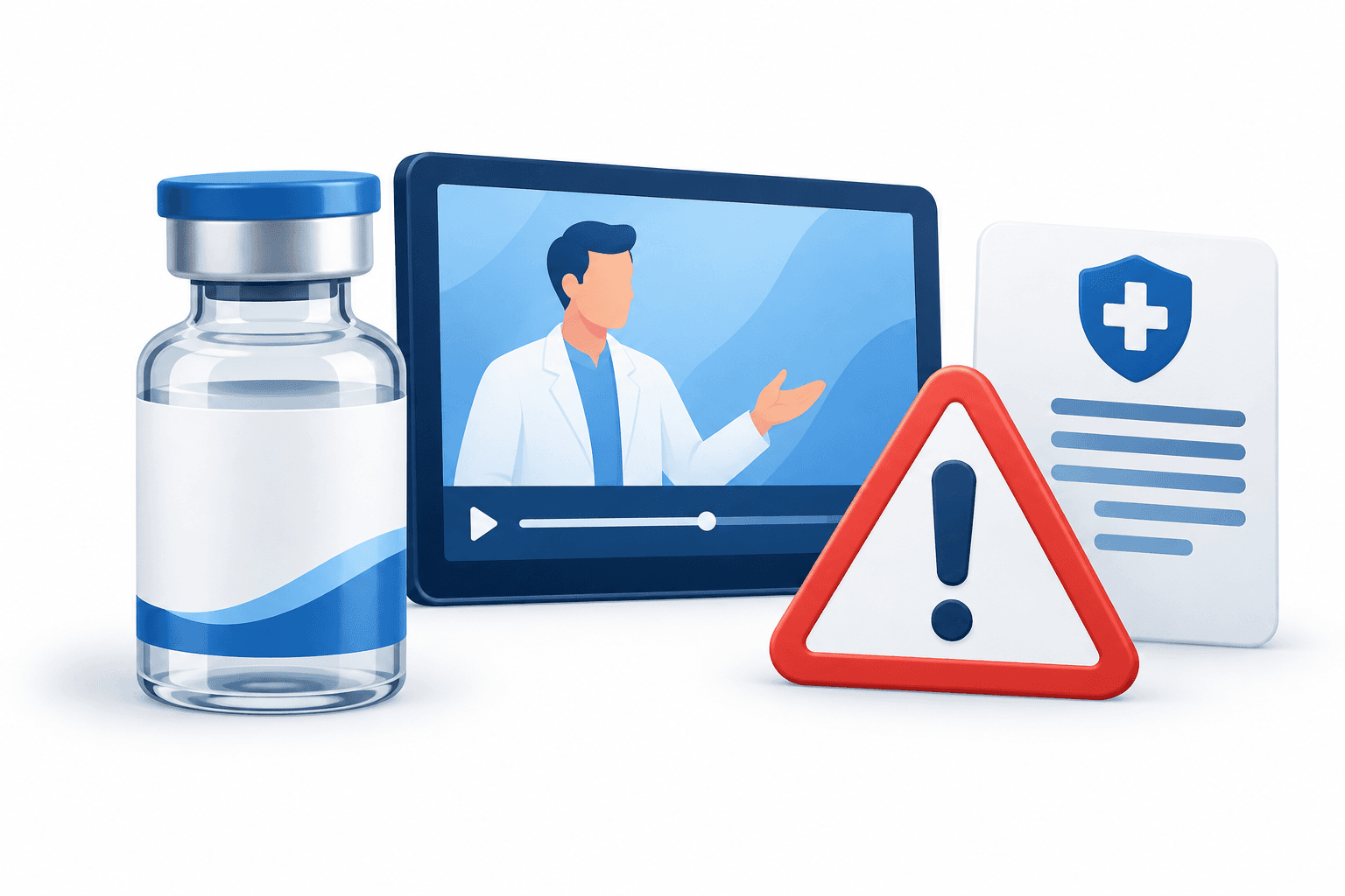 Illustration of a medicine vial and video screen representing the Vectibix ad warning