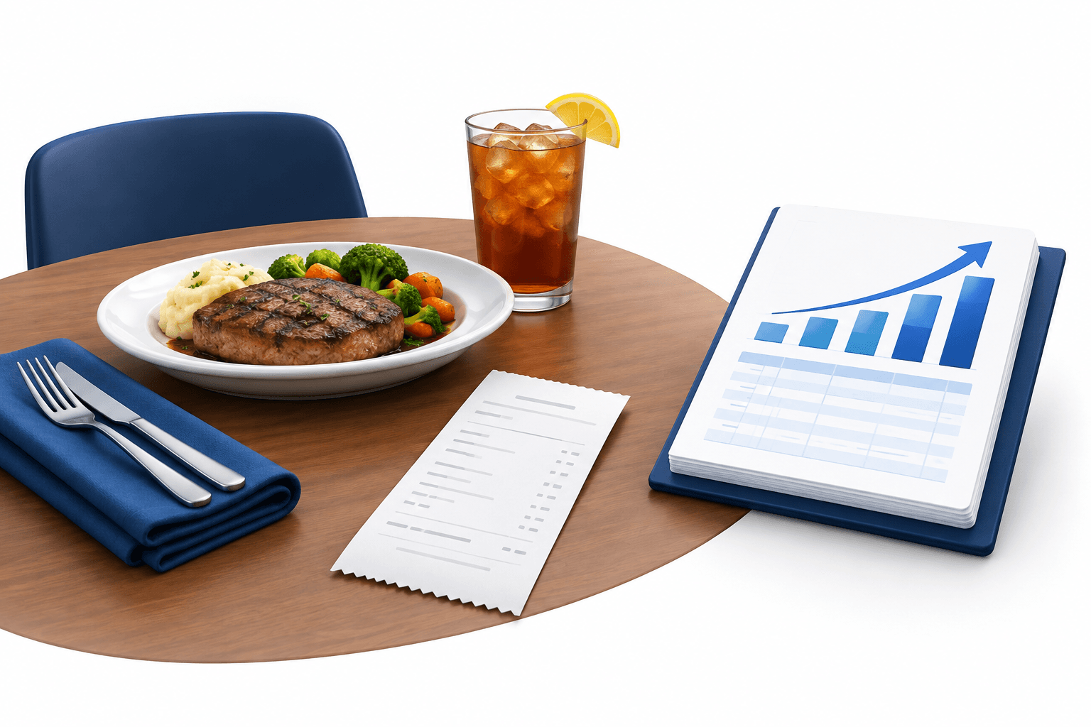 Illustration of a restaurant table and financial ledger representing Brinker earnings