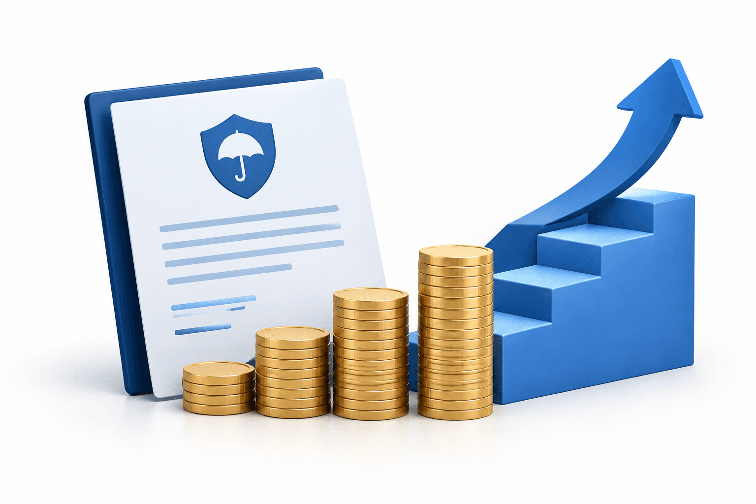 Illustration of Jackson Financial shares using coins, an insurance document and a rising staircase