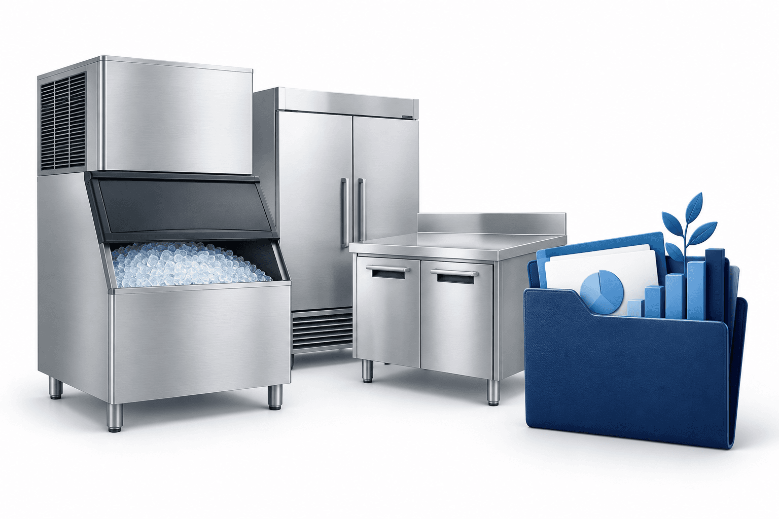 Illustration of commercial kitchen equipment and a portfolio folder representing Hoshizaki stock
