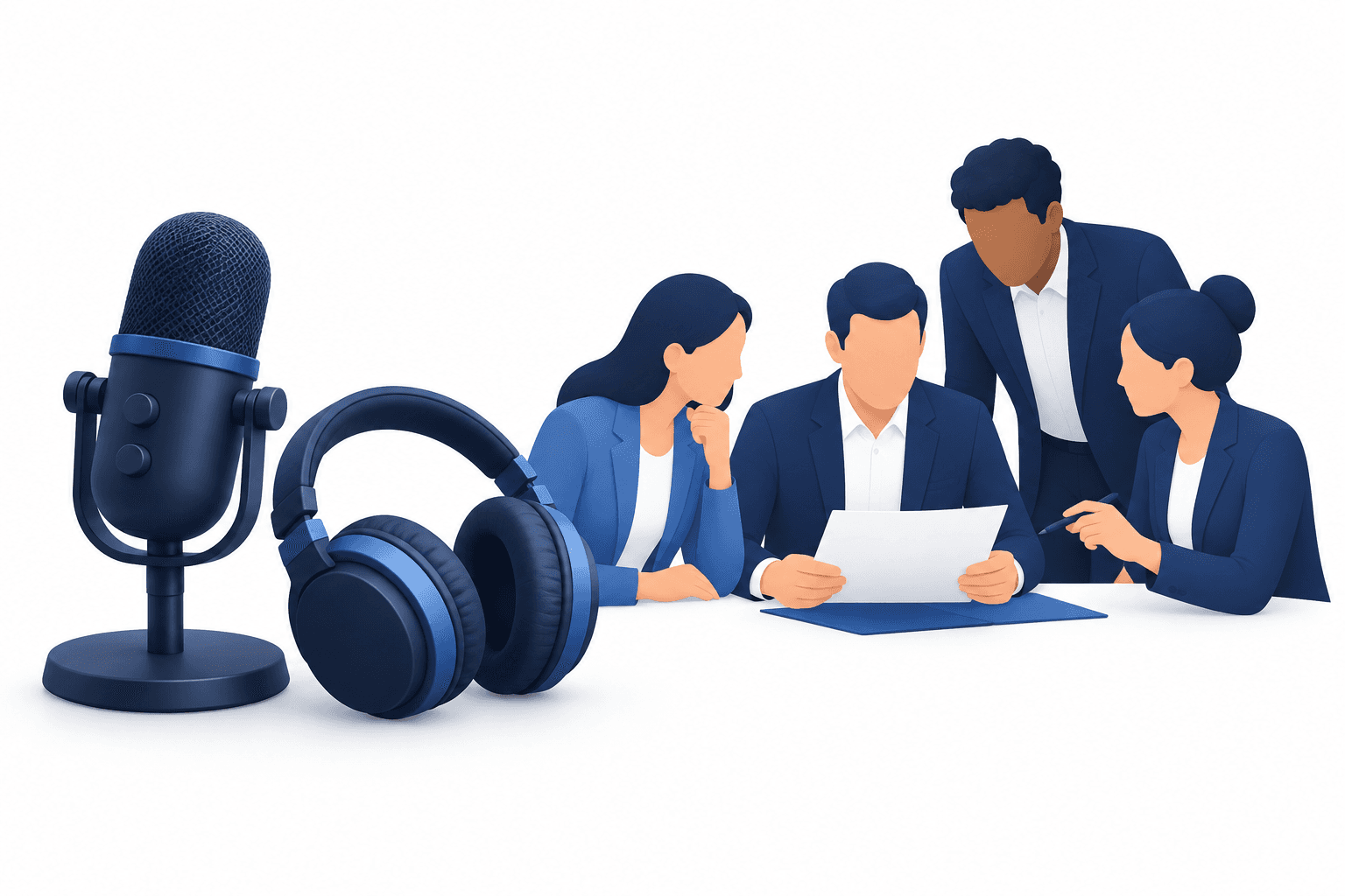 Concept illustration of PodcastOne acquisition talks with a microphone and business figures reviewing a proposal