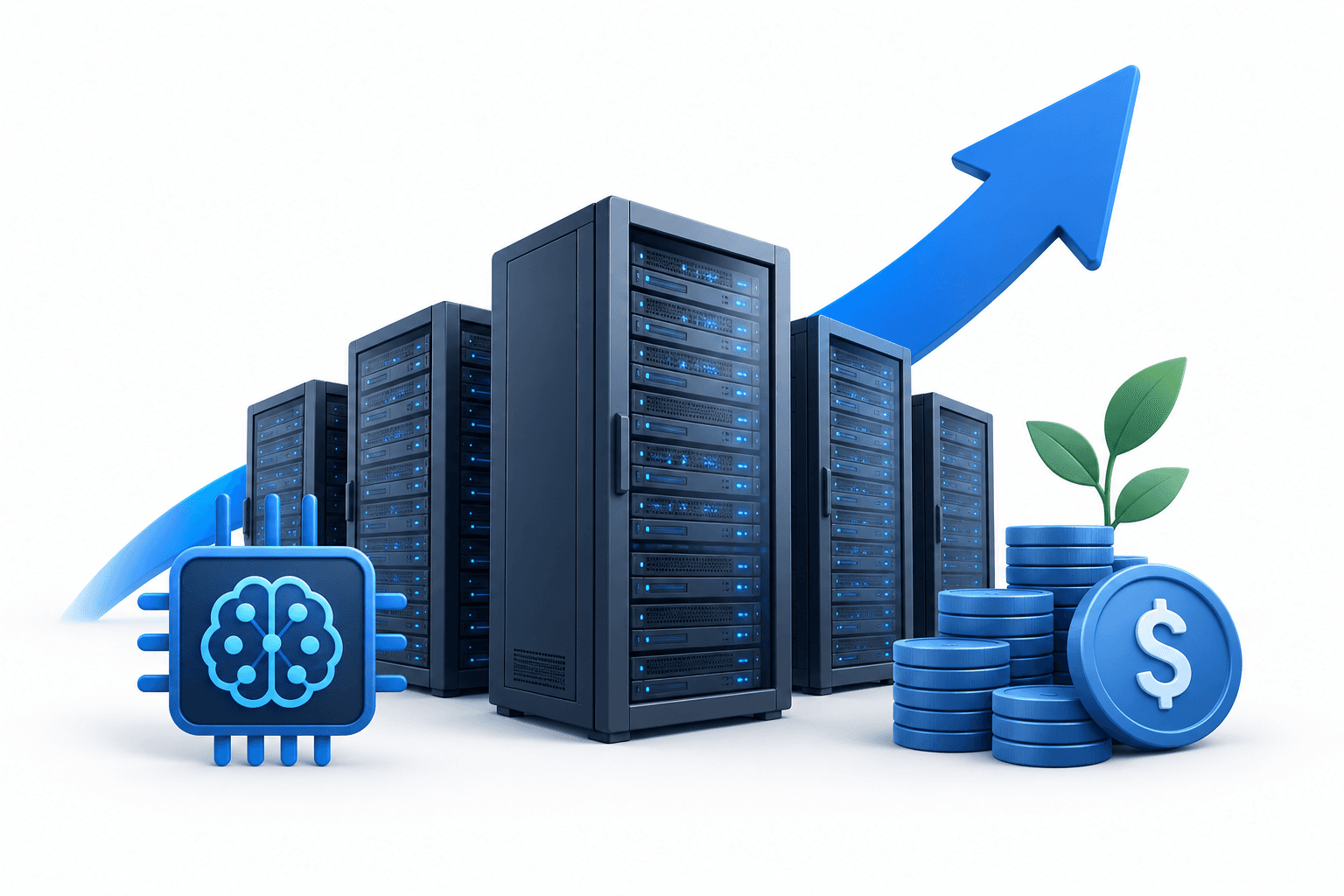 Illustration of AI servers and an upward arrow representing the Nebius stock rebound
