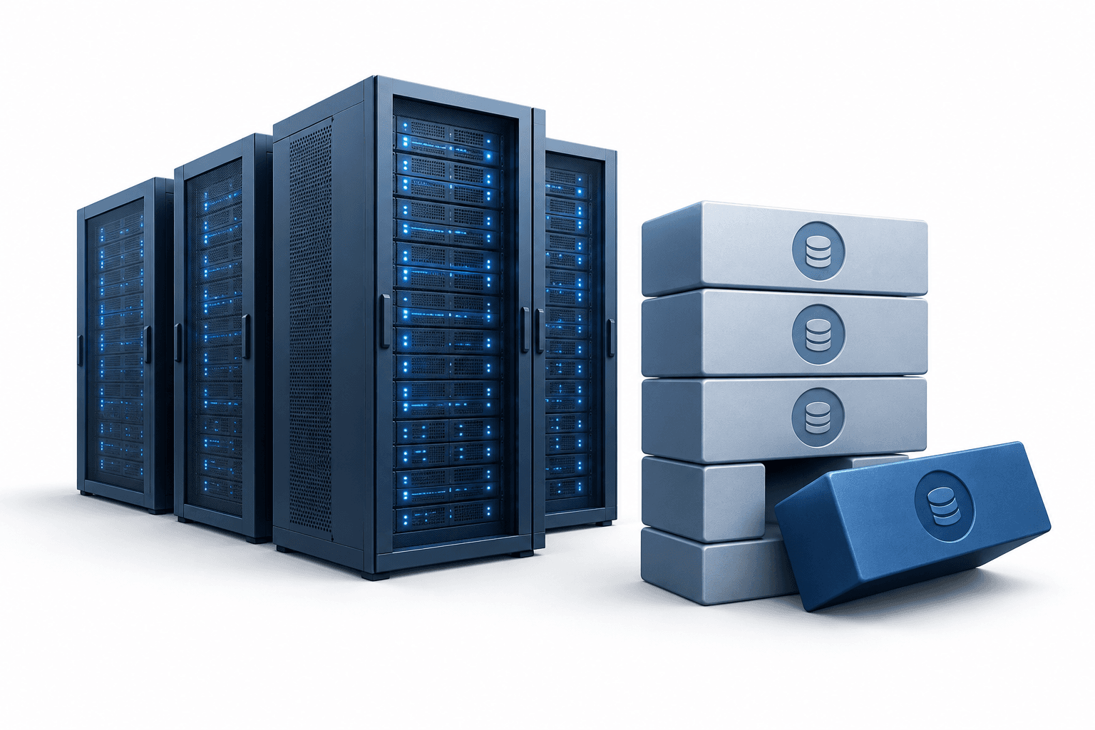 Concept illustration of AI servers and financing blocks reflecting pressure on CoreWeave shares.