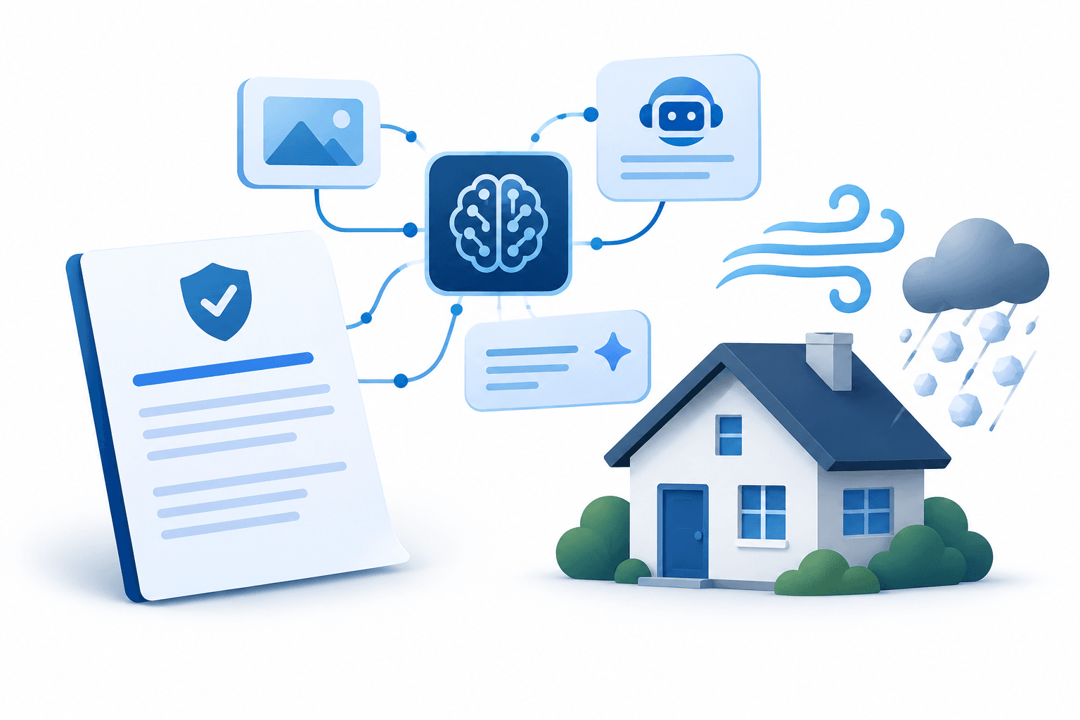 Illustration of Verisk insurance intelligence connecting insurance documents, AI tools and property weather information