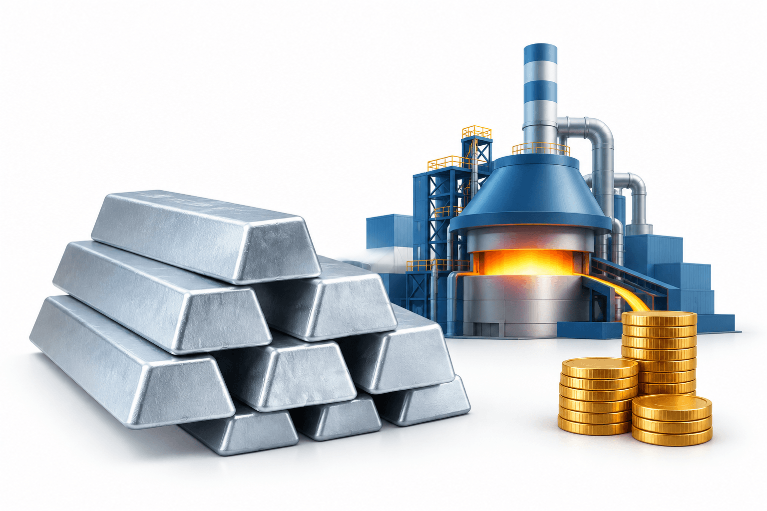 Concept illustration of aluminium ingots and a smelter representing Vedanta Aluminium earnings