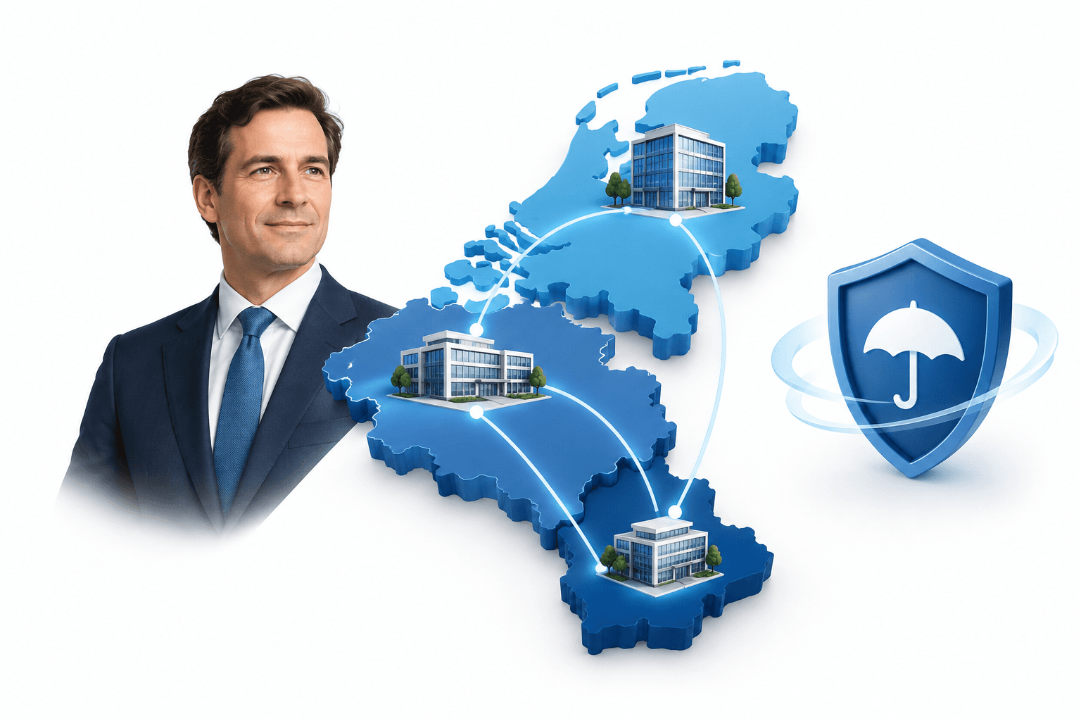 Illustration of connected Benelux offices and an insurance shield representing the Marsh Netherlands leadership change
