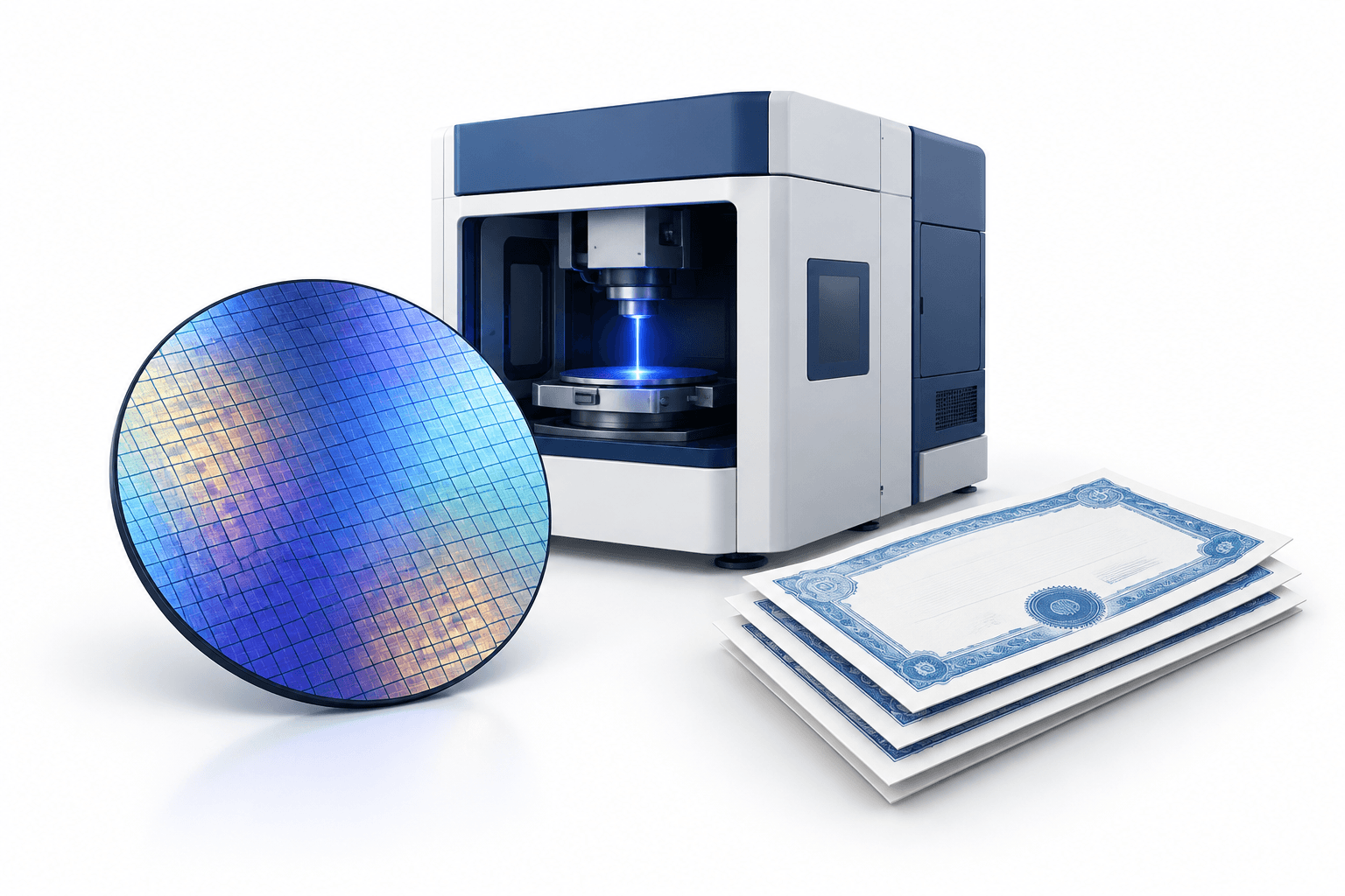 Illustration of a wafer, laser equipment and share certificates representing the MetaOptics buyback and optical technology