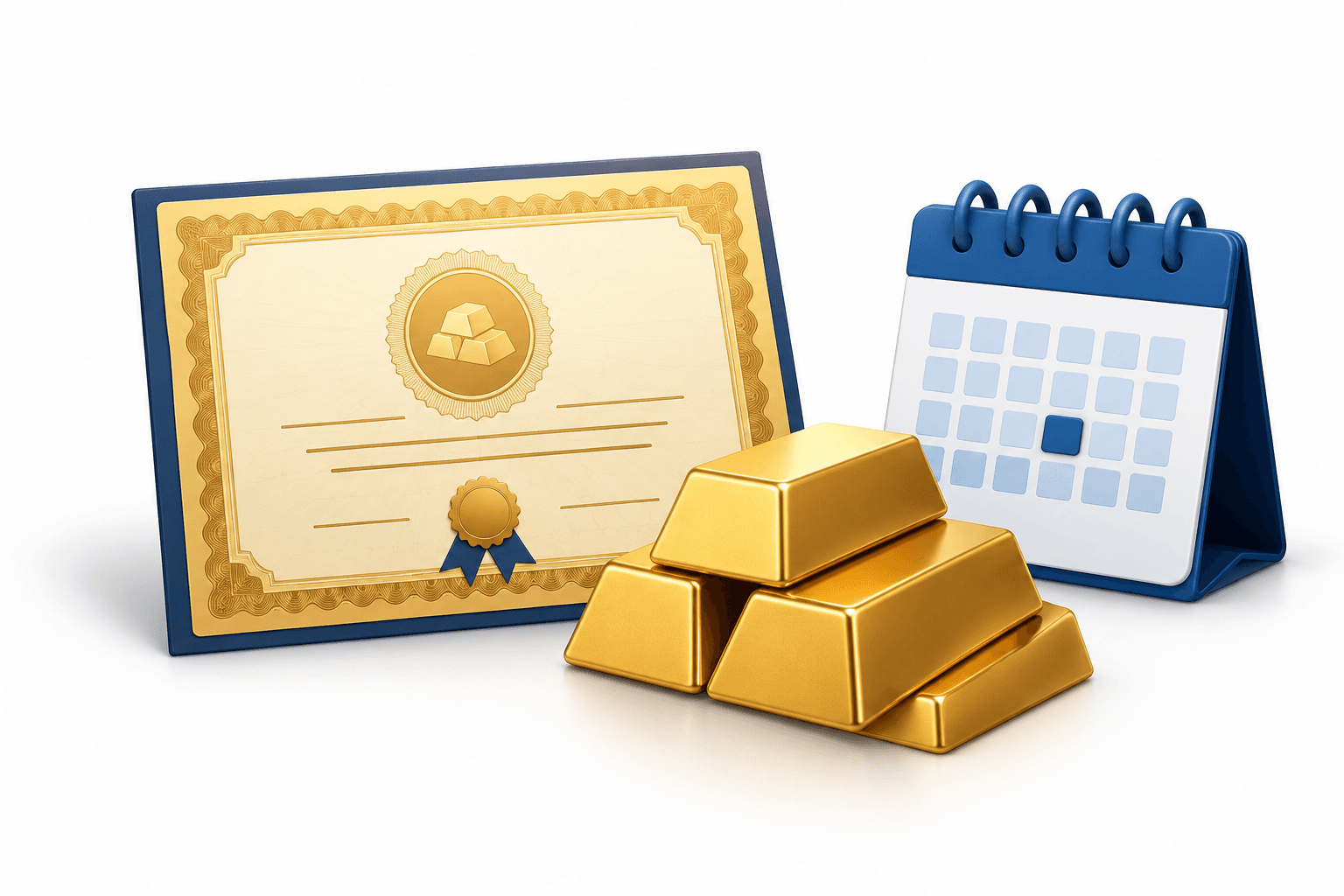 Gold bond redemption concept illustrated with a certificate, gold bars and a calendar symbol