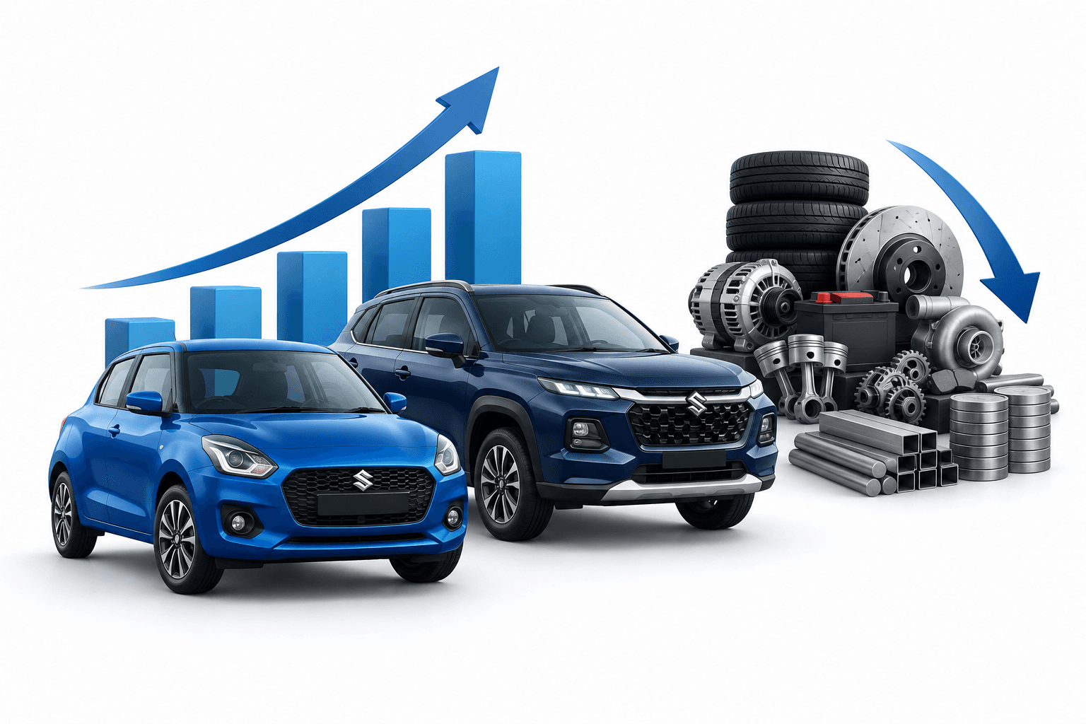 Illustration of cars and automotive components representing Maruti Suzuki earnings