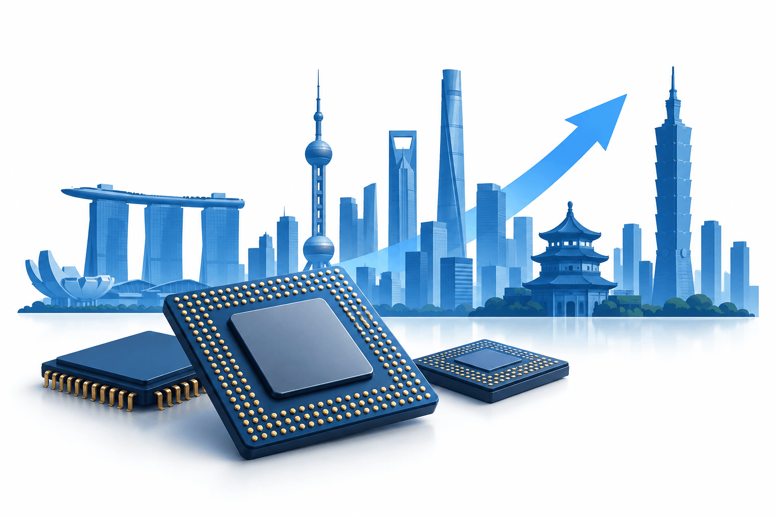 Illustration of semiconductor chips and a financial skyline representing Asian stocks
