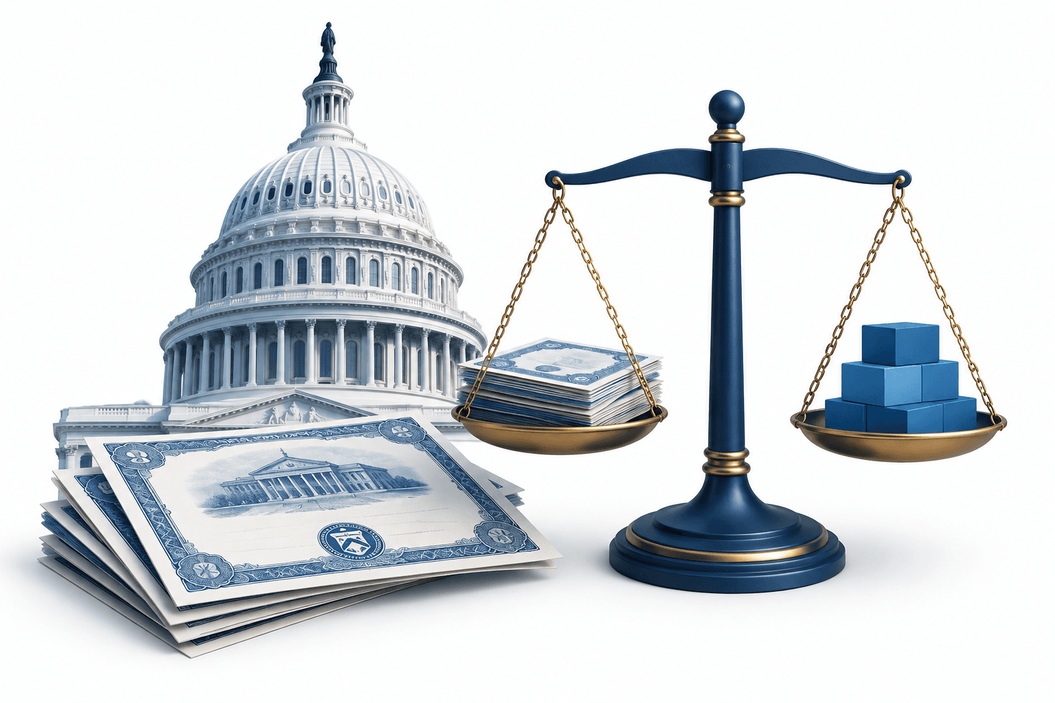 Illustration of the US Capitol and bond certificates representing Treasury yields and the election
