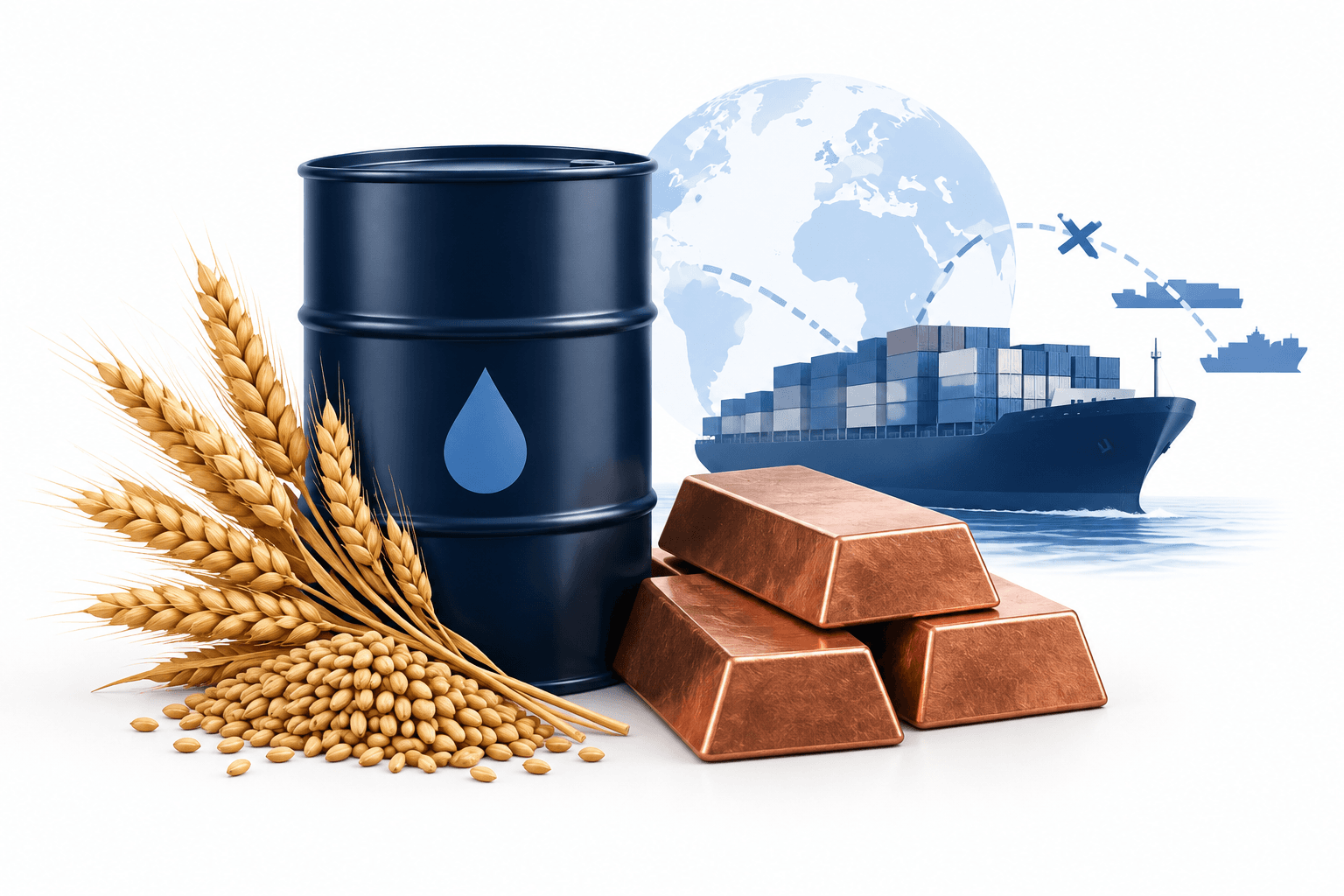 Illustration of oil, grain and metals representing commodity prices