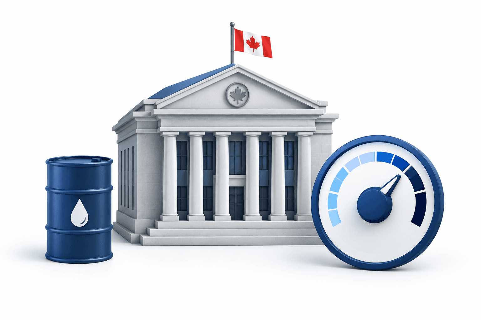 Illustration of Bank of Canada rates with a central bank building, rate dial and oil barrel