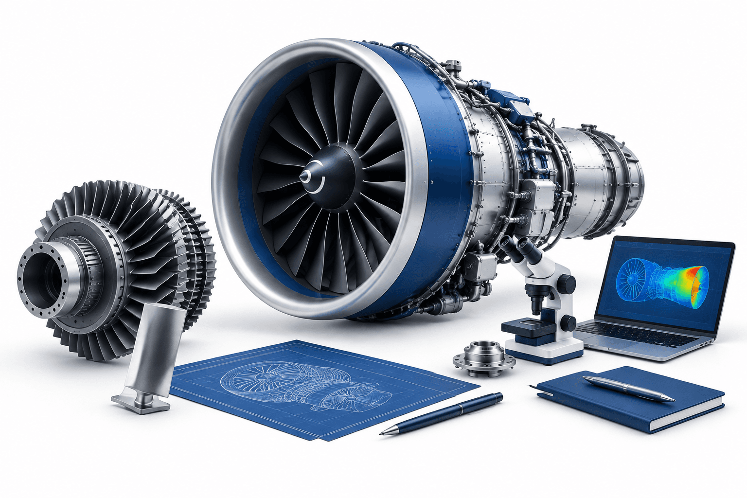 Illustration of a jet engine and engineering components for the Rolls-Royce engine programme