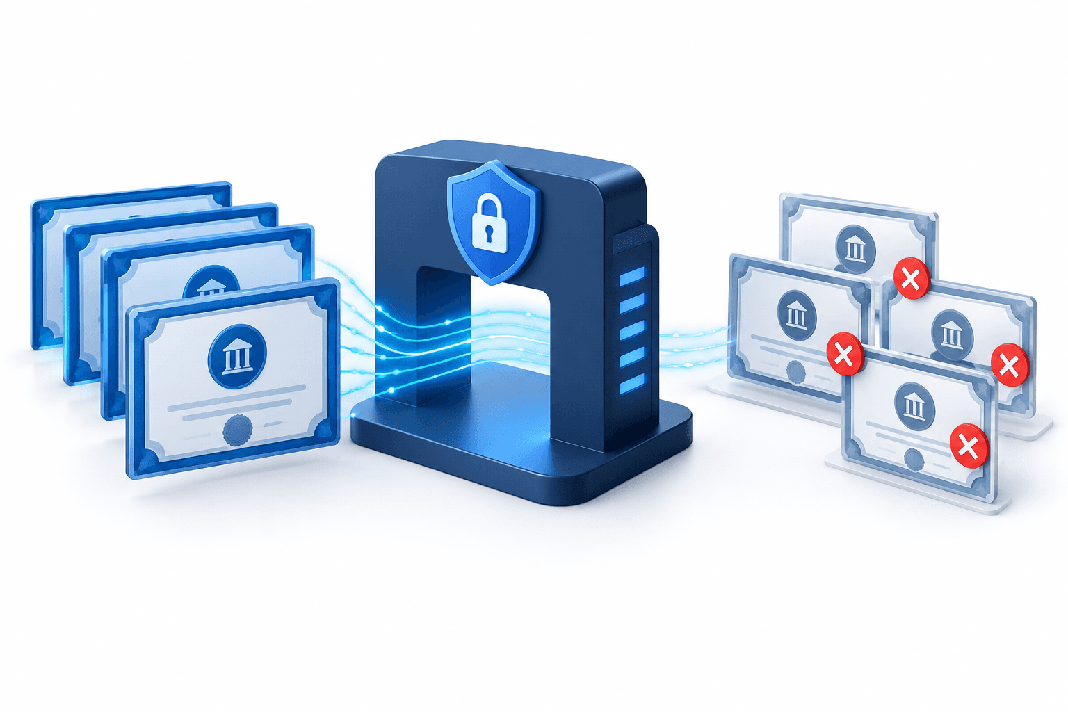 Illustration of digital certificates and a tokenized stock venue with some certificates set aside